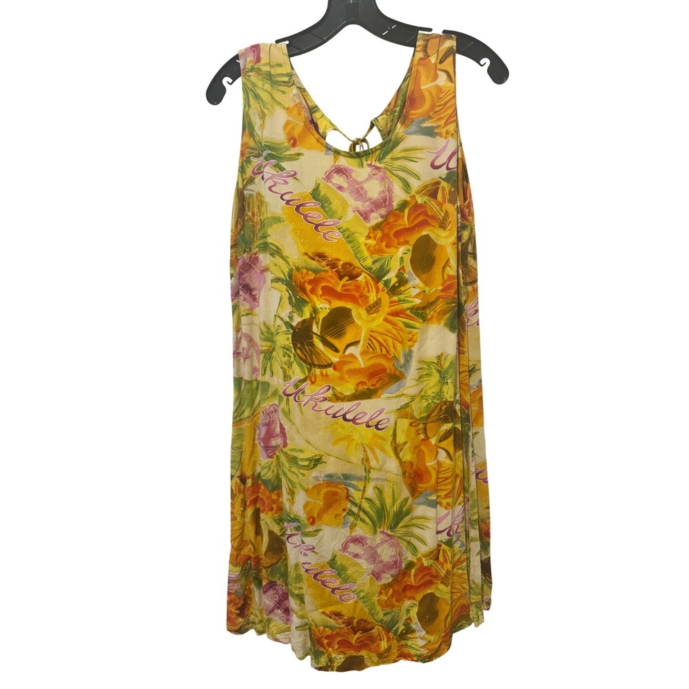 Jams World Womens Large Yellow Tropical Ukulele Print Bintage Shift Dress Hawaii